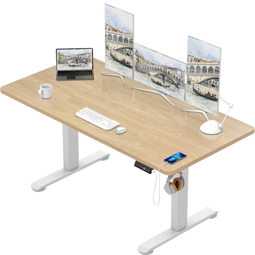 TRIUMPHKEY Höhenverstellbar Schreibtisch groß 200x100cm USB Steckdose 3 Memory-Steuerung Schreibtisch Höhenverstellbar Anti-Kollisions Höhenverstellbarer Tisch Computertisch Table Rollen Eiche Weiß von TRIUMPHKEY