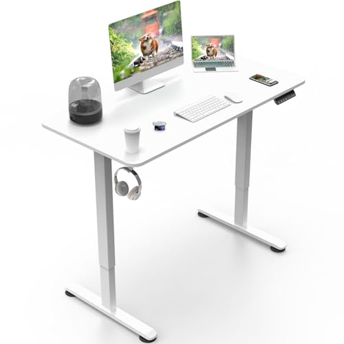 TRIUMPHKEY Höhenverstellbarer Schreibtisch, komplett, 140 x 60 cm, Anti-Kollision, USB-Buchse, Kabelmanagement, Rollen, Computer-Schreibtisch, höhenverstellbar, Weiß von TRIUMPHKEY