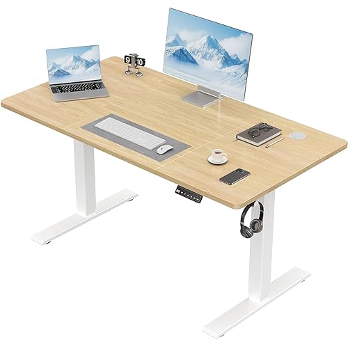 TRIUMPHKEY Höhenverstellbarer Schreibtisch 110 x 60 cm, Schreibtisch Höhenverstellbar Elektrisch, Ergonomischer Steh-Sitz Tisch Computertisch für Home Office, Beige von TRIUMPHKEY