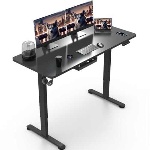 TRIUMPHKEY Höhenverstellbarer Schreibtisch Ganze Tischplatte 140x60 Computertisch Gaming Tisch,Schreibtisch Höhenverstellbar Anti-kollision Rollen USB Steckdose Kabelmanagement Schwarz von TRIUMPHKEY