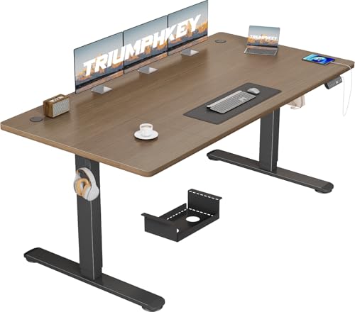 TRIUMPHKEY Höhenverstellbarer Schreibtisch 160x80cm mit USB Ladeanschluss, 3 Memory-Steuerung Höhenverstellbarer Schreibtisch Anti-Kollisions-System Verstellbarer Computertisch Gestell Walnuss von TRIUMPHKEY