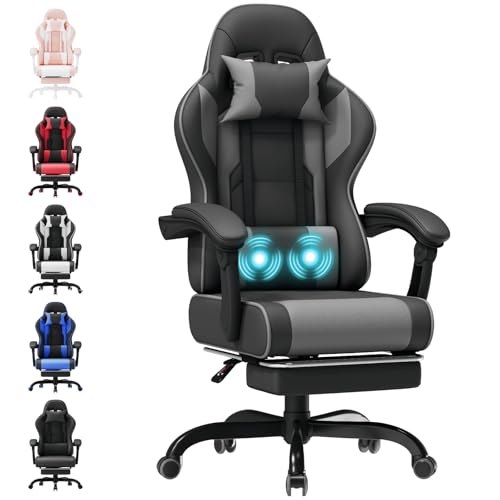 TRIUMPHKEY Massage Gaming Stuhl, Gaming Stuhl mit Teleskop Fußstütze (Grau) von TRIUMPHKEY