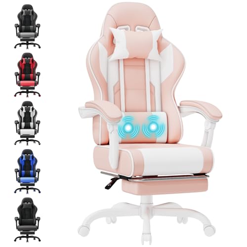 TRIUMPHKEY Stuhl Gaming, Bürostuhl mit Fußstütze, Ergonomischer Stuhl mit 90-135°Verstellbare Rückenlehne, 150KG Belastbarkeit, Rosa von TRIUMPHKEY