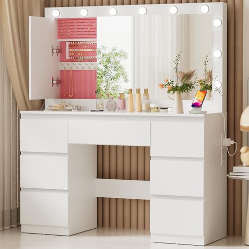 TRIUMPHKEY Schminktisch mit Große Spiege und LED-Beleuchtung, Einstellbarer Helligkeit, 120x40x140cm, Frisiertisch mit 7 Schubladen, Steckdose,Schmuckschrank, Kosmetiktisch für das Schlafzimmer, Weiß von TRIUMPHKEY