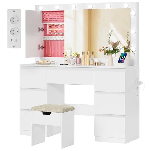 TRIUMPHKEY Schminktisch mit Große Spiege und LED-Beleuchtung,120x40x140cm,Frisiertisch mit 7 Schubladen,Hocker,Steckdose,Schmuckschrank,für das Schlafzimmer,Weiß TRIUMPHKEY Schminktisch mit Große Spiege und LED-Beleuchtung,120x40x140cm,Frisiertisch mit 7 Schubladen,Hocker,Steckdose,Schmuckschrank,für das Schlafzimmer,Weiß von TRIUMPHKEY