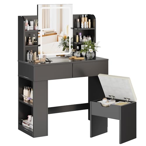 TRIUMPHKEY Schminktisch mit Hocker und Spiegel, Frisiertisch mit LED-Beleuchtung mit 3 Farben, Einstellbare Helligkeit, Kosmetiktisch mit 2 Schubladen, Offenen Fächern, Modern (Schwarz) von TRIUMPHKEY