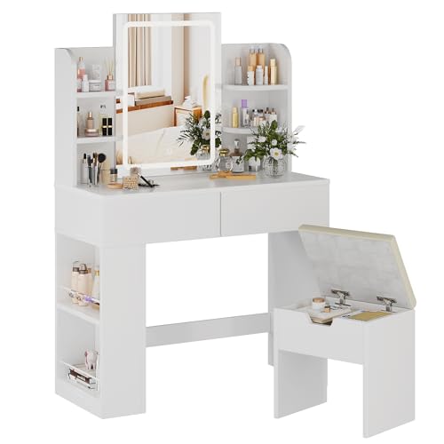 TRIUMPHKEY Schminktisch mit Hocker und Spiegel, Frisiertisch mit LED-Beleuchtung mit 3 Farben, Einstellbare Helligkeit, Kosmetiktisch mit 2 Schubladen, Offenen Fächern, Modern (Weiß) von TRIUMPHKEY