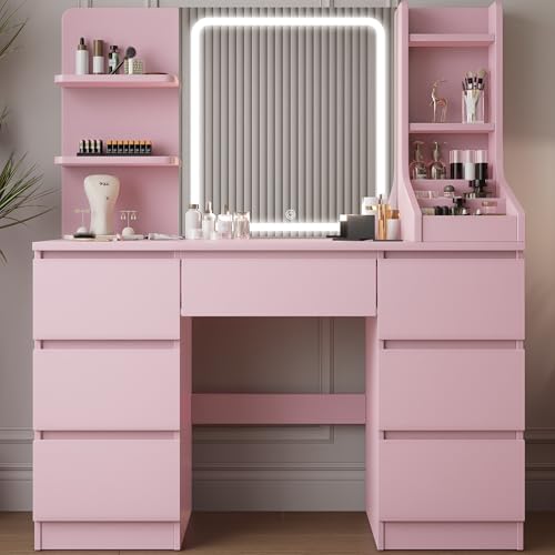 TRIUMPHKEY Schminktisch mit LED Beleuchtung,Einstellbarer Helligkeit,Frisiertisch mit Spiegel,Moderner Kosmetiktisch mit 7 Schubladen, 4 Ablagen und 3 offenen Fächern für das Schlafzimmer (Rosa) von TRIUMPHKEY