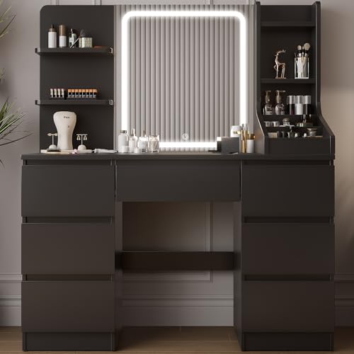 TRIUMPHKEY Schminktisch mit LED Beleuchtung,Einstellbarer Helligkeit,Frisiertisch mit Spiegel,Moderner Kosmetiktisch mit 7 Schubladen, 4 Ablagen und 3 offenen Fächern für das Schlafzimmer (Schwarz) von TRIUMPHKEY