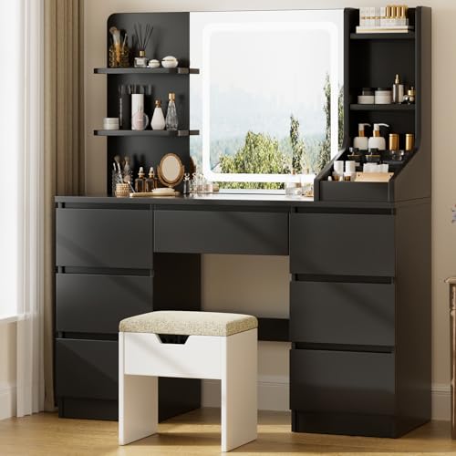 TRIUMPHKEY Schminktisch mit LED Beleuchtung und Hocker, Einstellbarer Helligkeit, Frisiertisch mit Spiegel, Kosmetiktisch mit 7 Schubladen, für das Schlafzimmer (Schwarz) von TRIUMPHKEY