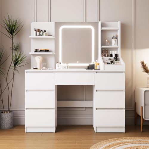 TRIUMPHKEY Schminktisch mit LED-Spiegel in 3 Tönen, Helligkeit verstellbar, moderner Schminktisch mit 2 Ablagen und 7 Schubladen, Schlafzimmermöbel, moderner Stil, aus Holz, Weiß von TRIUMPHKEY