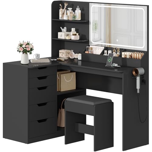 TRIUMPHKEY Schminktisch mit Spiegel, Eck Frisiertisch mit LED Beleuchtung Verstellbarer Helligkeit und hocker, Kosmetiktisch mit 5 Schubladen, Steckdose, Haartrocknerhalter (Schwarz) von TRIUMPHKEY