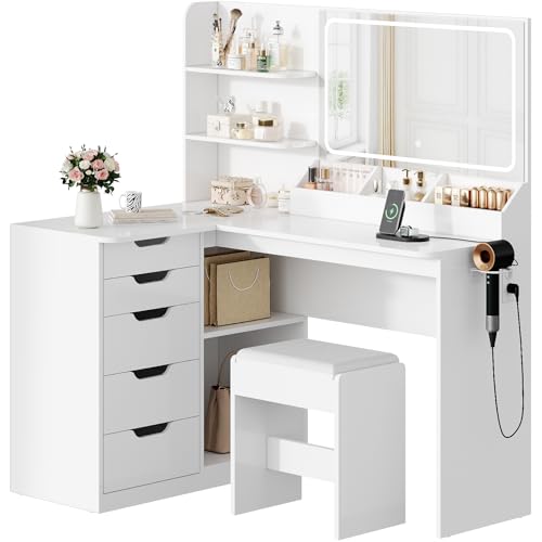 TRIUMPHKEY Schminktisch mit Spiegel, Eck Frisiertisch mit LED Beleuchtung Verstellbarer Helligkeit und hocker, Kosmetiktisch mit 5 Schubladen, Steckdose, Haartrocknerhalter (Weiß) von TRIUMPHKEY