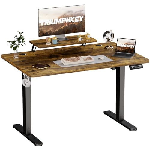 TRIUMPHKEY Höhenverstellbarer Schreibtisch mit Monitorständer 140 x 60cm, Schreibtisch Höhenverstellbar Elektrisch Steh-Sitz Tisch, Computer-Schreibtisch, Standing Height Adjustable Desk,Vintagebraun von TRIUMPHKEY