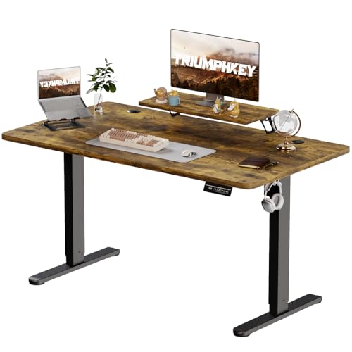 TRIUMPHKEY Höhenverstellbarer Schreibtisch Mit Monitorständer 160 x 70cm, Elektrisch Steh-Sitz Tisch, Computer-Schreibtisch, Standing Height Adjustable Desk, Vintagebraun von TRIUMPHKEY