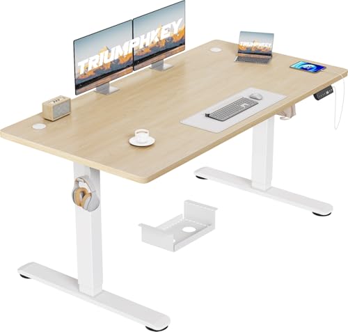 TRIUMPHKEY Schreibtisch Höhenverstellbar Elektrisch 140x70 cm mit USB Ladeanschluss, 3 Memory-Steuerung Höhenverstellbarer Schreibtisch groß Anti-Kollision-System Stehpult Computertisch von TRIUMPHKEY