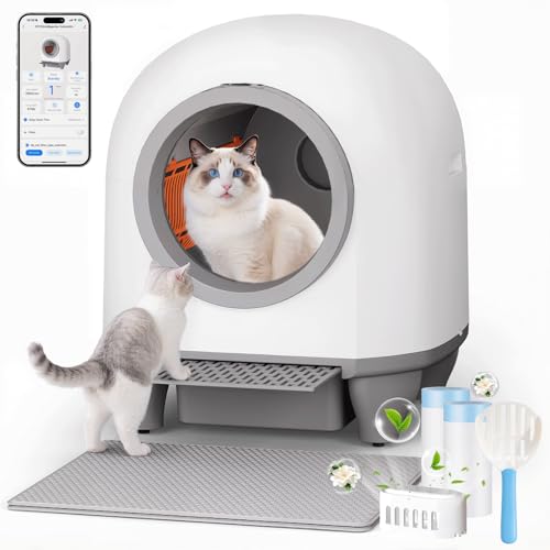 TRIUMPHKEY 90L katzenklo selbstreinigend,XXL, APP -Kontrolle/Sicherheit/Gesundheitsüberwachung/Doppeldeodorierung,mit Streumatte/Deodorierungsduft, selbstreinigende katzentoilette für mehrere Katzen von TRIUMPHKEY