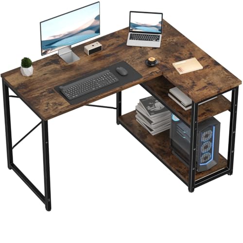 TRIUMPHKEY Umkehrbarer Schreibtisch L Form Eckschreibtisch mit Ablagefächern Reversibel Computertisch L-förmiger mit Ecktisch, Bürotisch L Form 2 Tier DIY Lagerregalen 110CM Eck Tisch Vintagebraun von TRIUMPHKEY