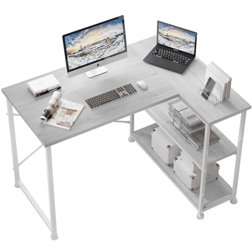 TRIUMPHKEY Umkehrbarer Schreibtisch L Form Eckschreibtisch mit Ablagefächern Reversibel Computertisch L-förmiger mit Ecktisch, Bürotisch L Form 2 Tier DIY Lagerregalen Eck Tisch 110CM Grau von TRIUMPHKEY