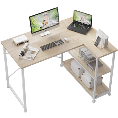 TRIUMPHKEY Umkehrbarer Schreibtisch L-förmiger Eckschreibtisch mit Ablagefächern Reversibel Computertisch L Form mit Ecktisch, Bürotisch L Form 2 Tier DIY Lagerregalen 110CM Eck Tisch Eiche von TRIUMPHKEY