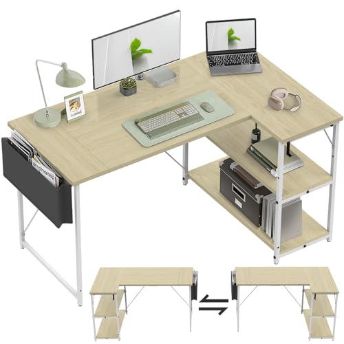 TRIUMPHKEY Umkehrbarer Schreibtisch L-förmiger Eckschreibtisch mit Ablagefächern Reversibel Computertisch L Form mit Ecktisch, Bürotisch L Form 2 Tier DIY Lagerregalen 140CM Eck Tisch Eiche von TRIUMPHKEY