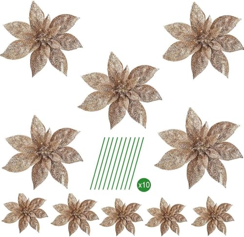 TRIXES 10 Stück glitzernde Weihnachtssterne in Champagner, künstliche Blumen, Weihnachtsbaum- und Kranzdekorationen, 2 Verschiedene Größen von TRIXES