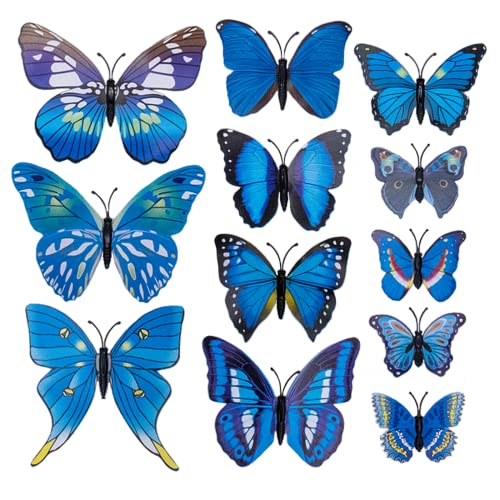 TRIXES 12 Stück 3D blaue Schmetterlingswandsticker - Dekorationen für den Garten, Schlafzimmer, Kinderzimmer, Büro & Mottopartys - Tortendekorationszubehör - Dekor für Bettrahmen, Spiegel 6-12 cm von TRIXES