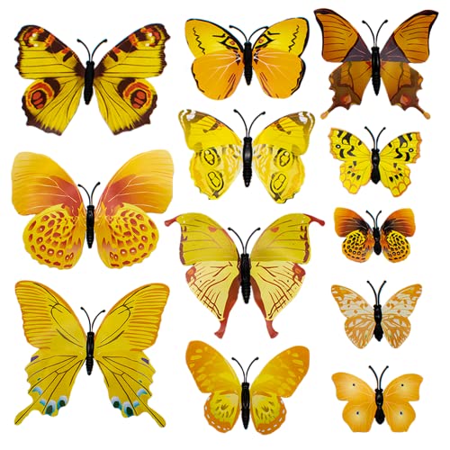 TRIXES 12 Stück 3D gelb Schmetterlingswandsticker - Dekorationen für den Garten, Schlafzimmer, Kinderzimmer, Büro & Mottopartys - Tortendekorationszubehör - Dekor für Bettrahmen, Spiegel 6-12 cm von TRIXES