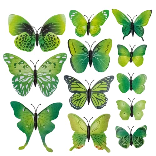 TRIXES 12 Stück 3D grün Schmetterlingswandsticker - Dekorationen für den Garten, Schlafzimmer, Kinderzimmer, Büro & Mottopartys - Tortendekorationszubehör - Dekor für Bettrahmen, Spiegel 6-12 cm von TRIXES