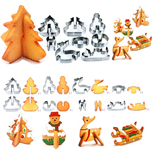 TRIXES 8 Stück 3D Weihnachts Ausstechformen Ausstecher Plätzchen Christmas Cookie Schneemann Baum Schlitten Rentier von TRIXES