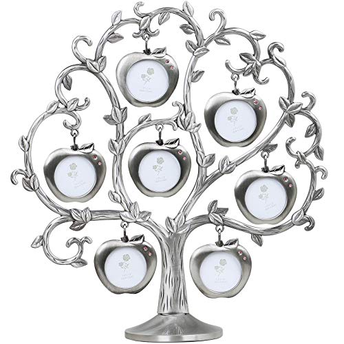 TRIXES Family Tree Photo Frame - Multi-Bilderrahmen - Apfelbaum mit 7 Abnehmbare Hängerahmen - Silber - Metall - Freistehende Hauptdekoration - Geschenke für Sie von TRIXES