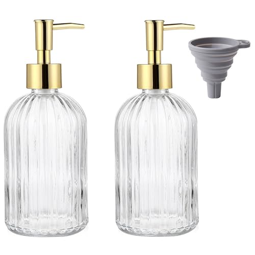 TRIXES Geriffelte Glas-Seifenspenderflaschen, 2er-Pack, Gold, mit Silikontrichter von TRIXES
