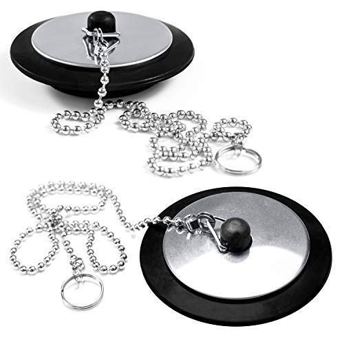 TRIXES Spülen Stecker - Chrom & Gummi - Bad Plug - Drain Cover - Packung mit 2 - Badezimmer Zubehör für Bäder - Waschbecken - 1,5 Zoll - Lange Metall Kugelkette - große Universal Ersatz von TRIXES