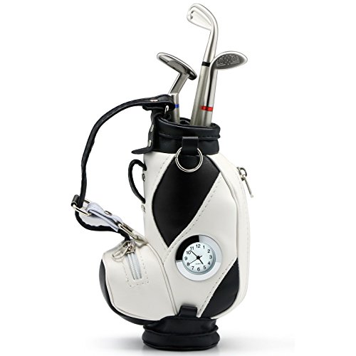 TRIXES Stifthalter Novelty, Miniatur-Golftasche mit Golfschläger-Kugelschreibern und intergrierter Uhr von TRIXES