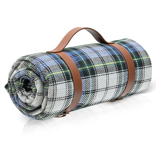 XL-Tartan-Picknickdecke – mit hellbraunem Tragegriff – wasserdichte Rückseite – 150 cm x 200 cm – ideal für den Strand, Parks und Festivals. von TRIXES