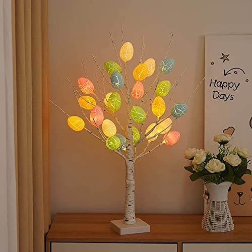 Weiß leuchtender künstlicher Baum für Ostern, Heimdeko und mehr – batteriebetriebener Indoor-Ornament/Lampe für Tische – Birkenholz-Effekt mit LED-Leuchten in pastellfarbenen Ostereiern TRIXES von TRIXES