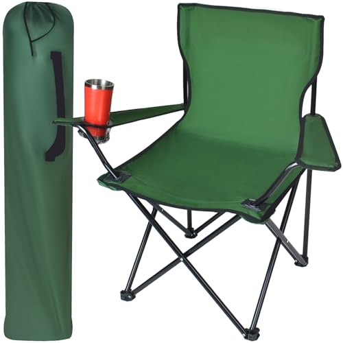 TRIZAND Klappbarer Anglerstuhl Campingstuhl mit Armlehnen und Getränkehalter bis 100 kg Faltbar mit Tragetasche Schwarz/Grau/Grün 23675, Farbe:Grün von TRIZAND