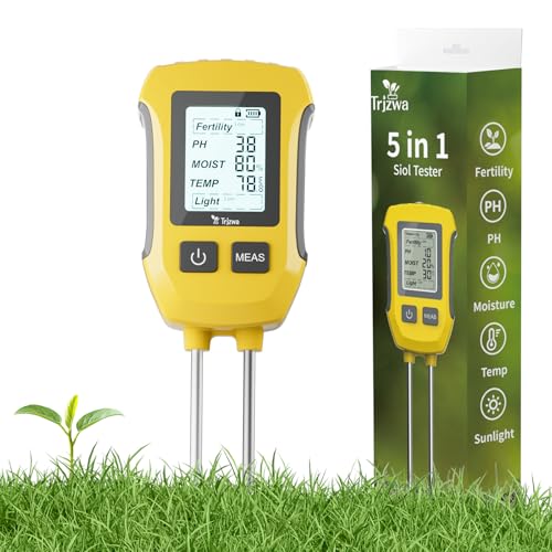 TRJZWA Feuchtigkeitsmessgerät Pflanzen 5 in 1, Bodenmessgerät für Fruchtbarkeit/PH/Bodenfeuchte/Temperatur/Sonnenlichtintensität, mit Beleuchtetem LCD-Display Feuchtigkeitsmesser für Garten und Rasen von TRJZWA