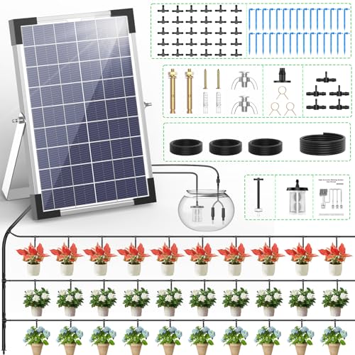 TRJZWA Solar Bewässerungssystem,5W Solar Automatisches Bewässerungssystem Solar Bewässerungsset mit Integriertem Timer Bewässerungscomputer 35m Wasserleitung 30 Tropfspitzen für Garten Gewächshaus von TRJZWA