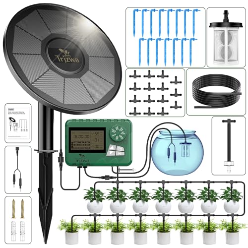 TRJZWA Solar Bewässerungssystem mit Automatischem Bewässerungscomputer 2024 Solar Tropfschlauch Bewässerung für Gärten,Balkone,Gewächshäuser mit 15 m Wasserleitung,15 Tropfer etc von TRJZWA