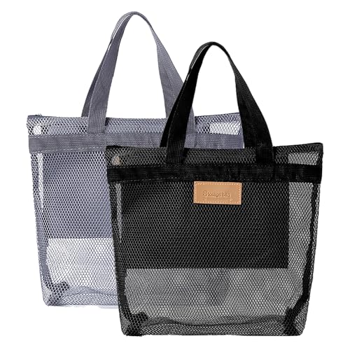 TRKETK 2 Stück Tragbare Duschtasche, Netz-Duschkorb Multifunktionale Strandtasche Tragbare Netz-Aufbewahrungstasche mit Griffen für Reisen, Fitnessstudio, Schwimmen, Camping, Strand (Grau/Schwarz) von TRKETK