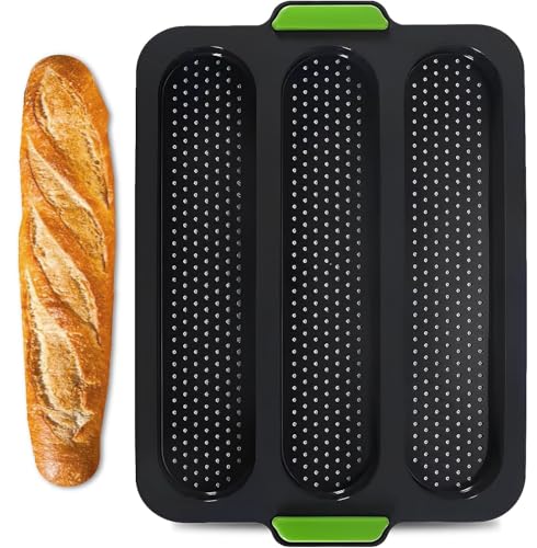 TRLREQ Baguette Backblech, 3 Mulden Französische Brotform, Antihaft Perforierte Form, Form Perforierte Backform zum Backen von Broten Grau von TRLREQ