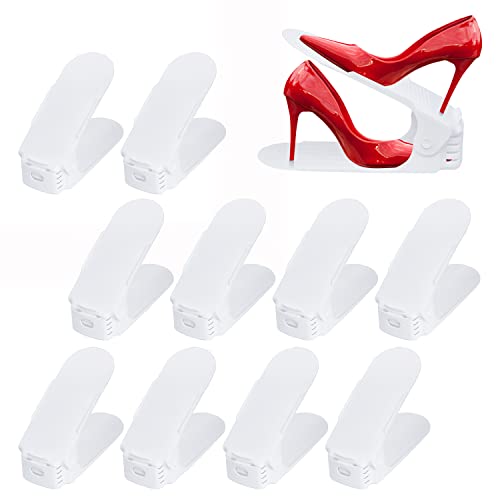 TRMLBE 10 Stück Verstellbarer Schuhregale Schuhstapler 3 Höhenverstellbar Schuhorganizer Platzsparend Schuhablagen Schuhhalter Set rutschfest Kunststoff - Weiß von TRMLBE