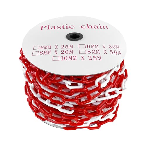 TRMLBE 25m Kunststoffkette Absperrkette Rot Weiß 6mm Stärke Kunststoff Warnkette Baustellensicherungskette Gliederkette Absperrpfosten zum Absperren von TRMLBE