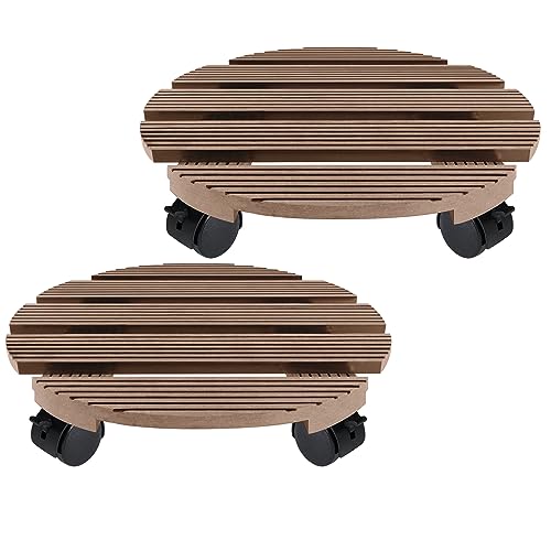TRMLBE 2X WPC Pflanzenroller Außenbereich Ø30cm Blumenroller mit 360 ° Drehbare Rädern und Feststellern Rollbrett Pflanzen Rolluntersetzer für den außenbereich 100kg Tragkraft - Braun, Rund von TRMLBE