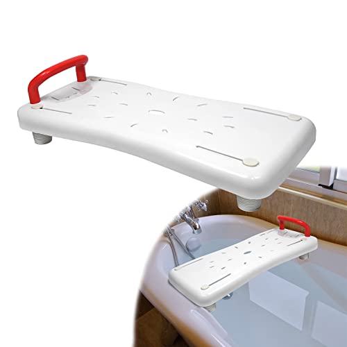TRMLBE Badewannensitz Senioren Badewannenbrett Kunststoff Weiß mit Seifenablage und Rot Griff Badebretter Sitzbrett Wannensitz 70cm lang für Badewanne Badezimmer, tragkraft 150 kg von TRMLBE