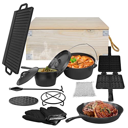 TRMLBE Dutch Oven Set in Holzkiste 12-teilig Gusseisen Kochtopf-Set mit Dutch Oven und viel Zubehör, Saucentopf Grillplatte Pfanne Deckelheber und Untersetzer für zum Kochen und Braten von TRMLBE