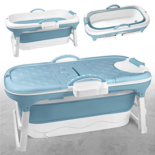 TRMLBE Faltbare Badewanne Erwachsene 118 x 62 x 52cm Tragbar Mobile Badewanne Erwachsene Foldable Bathtub PP+TPE Badewanne Klappbar, mit Abnehmbare Abdeckung und Griff - Blau von TRMLBE