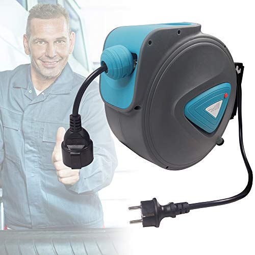 TRMLBE Kabeltrommel 20m Outdoor Automatik Kabeltrommel Außen Kabeltrommeln mit Verlängerungskabel & 180° Drehbar Wandhalterung Kabelrolle Wandmontage Verlängerungskabel Trommel, Blau+Grau von TRMLBE