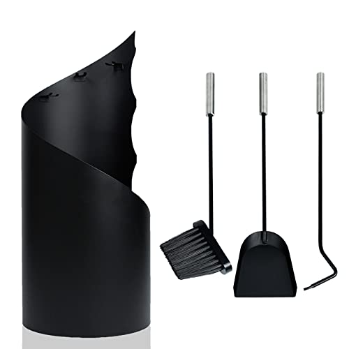 TRMLBE Kaminbesteck Schwarz 4 Teilige Modern Kamingarnitur Edelstahl Kaminofen Zubehör mit Ständer, AscheSchaufel, Besen, Schürhaken von TRMLBE